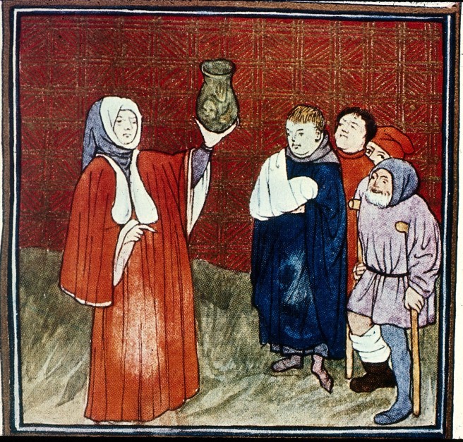 S0000994 Physician, urine flask, medieval manuscript